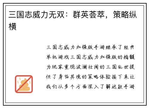 三国志威力无双：群英荟萃，策略纵横