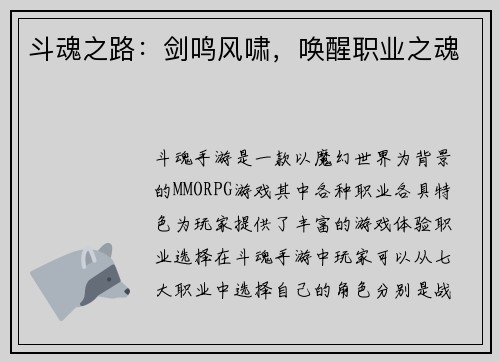 斗魂之路：剑鸣风啸，唤醒职业之魂